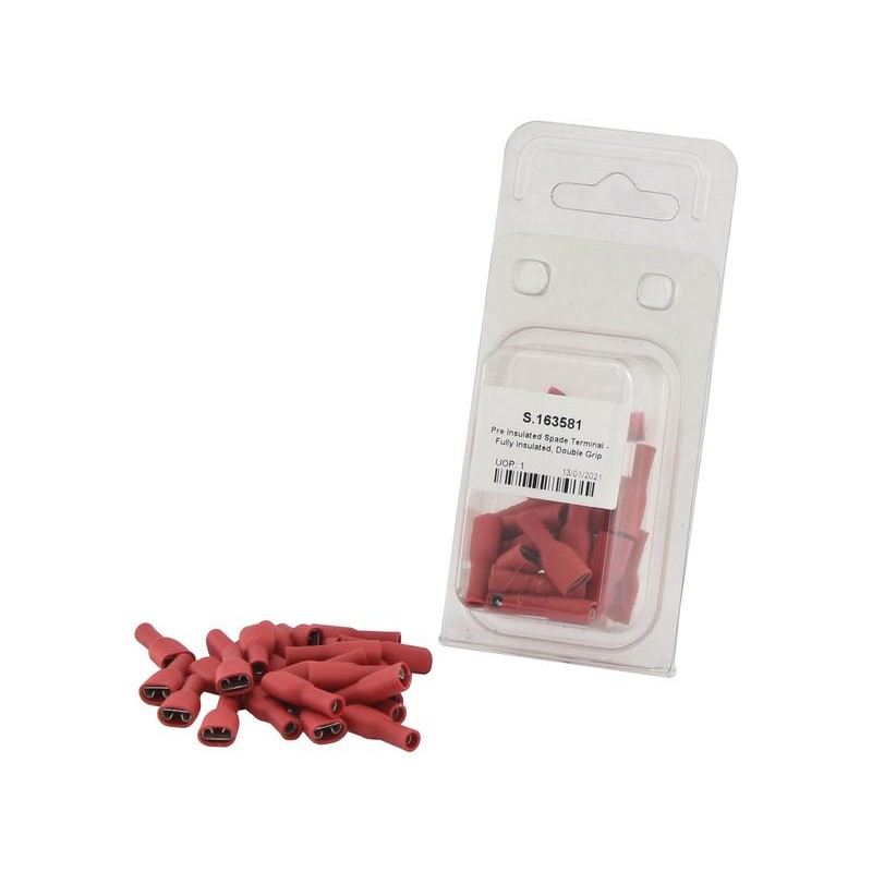 Terminal de horquilla preaislado - Totalmente aislado, Doble Agarre - Hembra, 6.3mm, Rojo (0.5 - 1.5mm), (Blister 25 pzas.)